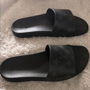 Louis Vuitton Black Monogram Slide Sandals with Subtle LV Strap